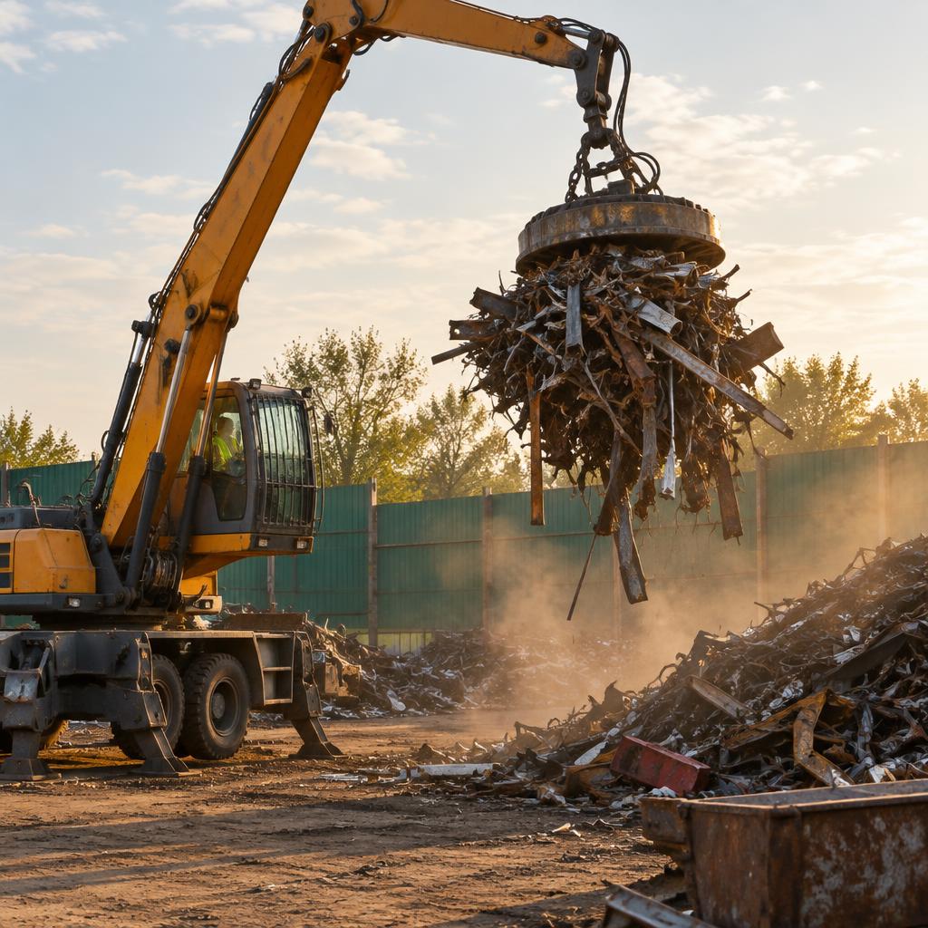 Crane lifting scrap steel at a recycling yard