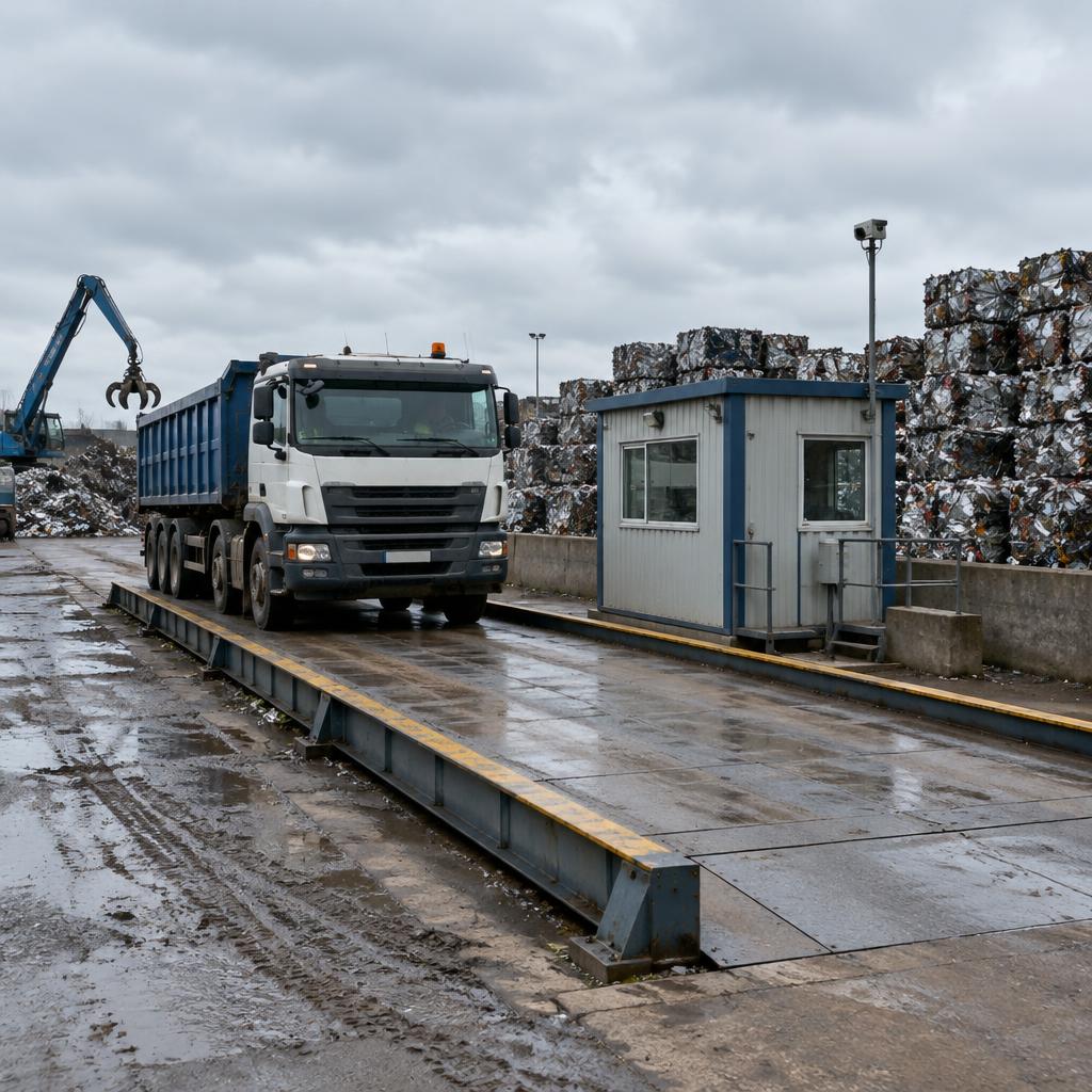 Truck standing on a weighbridge at a scrap yard