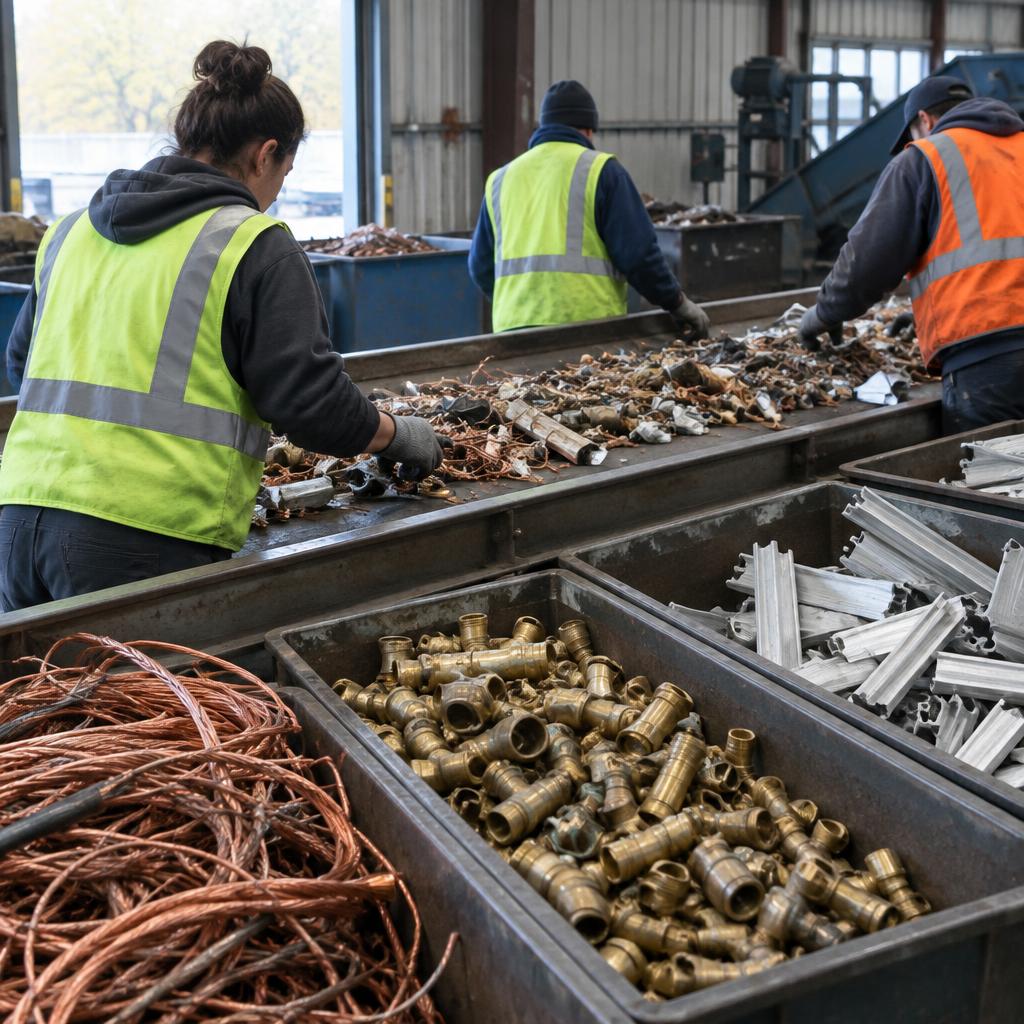 Workers sorting copper, brass and aluminum scrap into bins