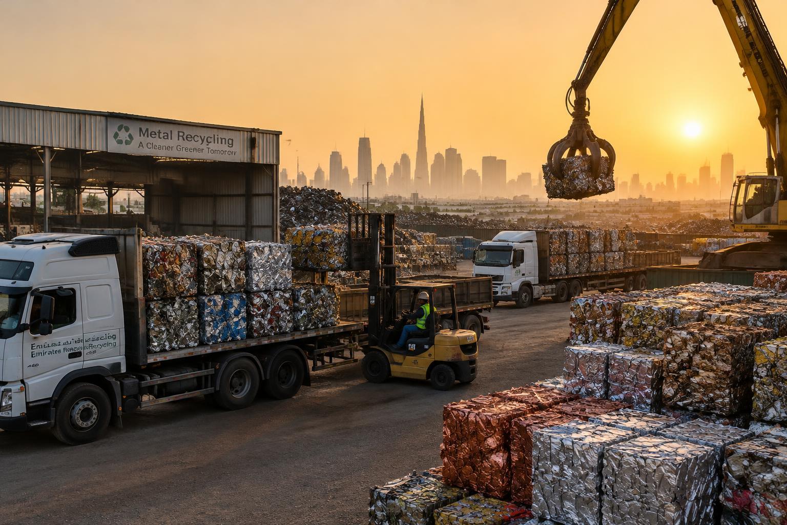 Trucks being loaded with baled metal scrap at a recycling yard